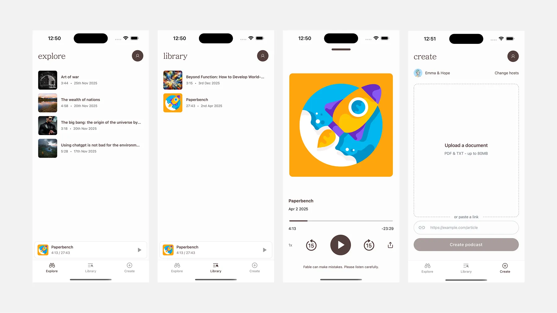 Fable screens showing explore, library, player and create