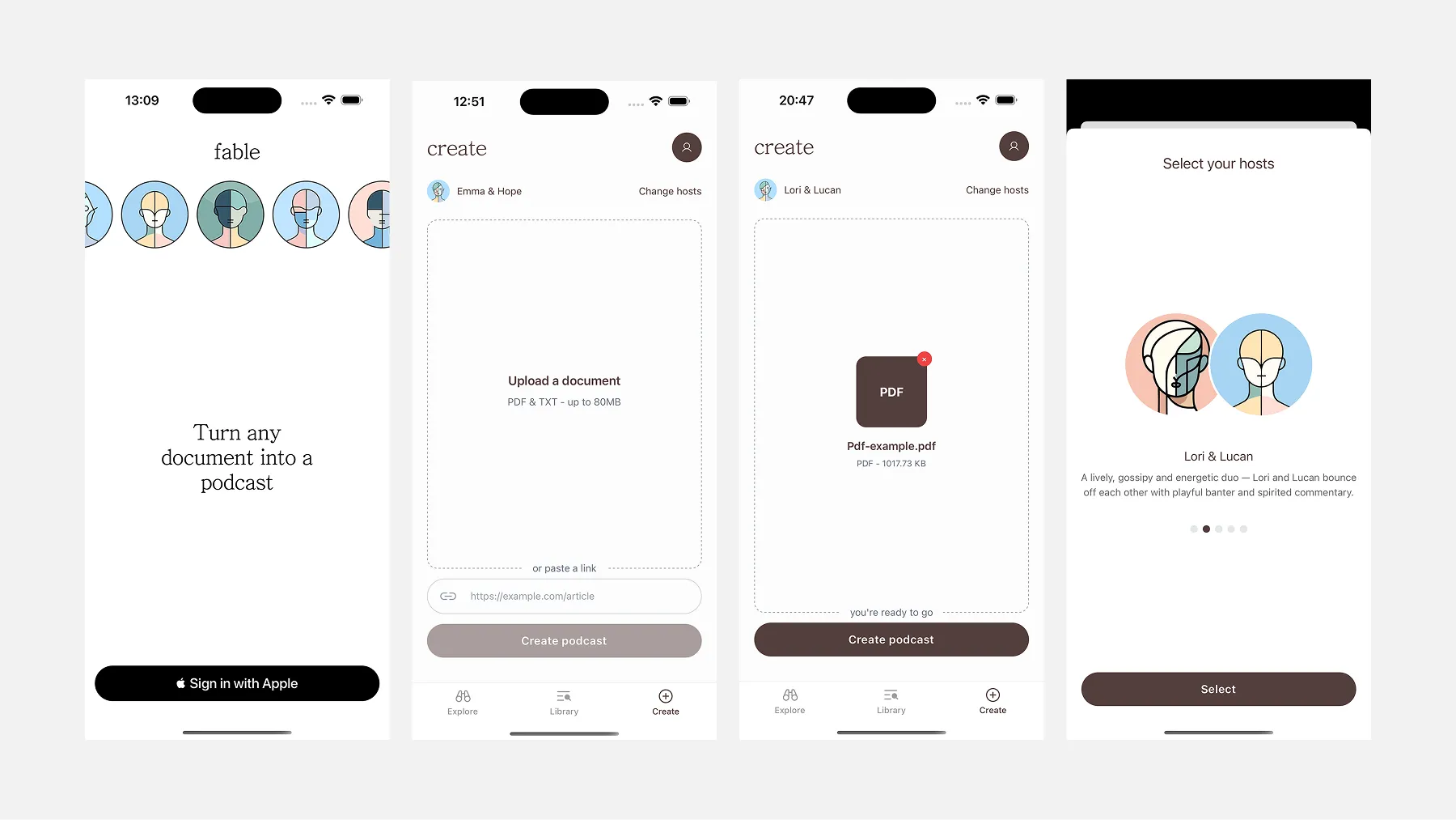 Fable screens showing sign in, create screen and host selection