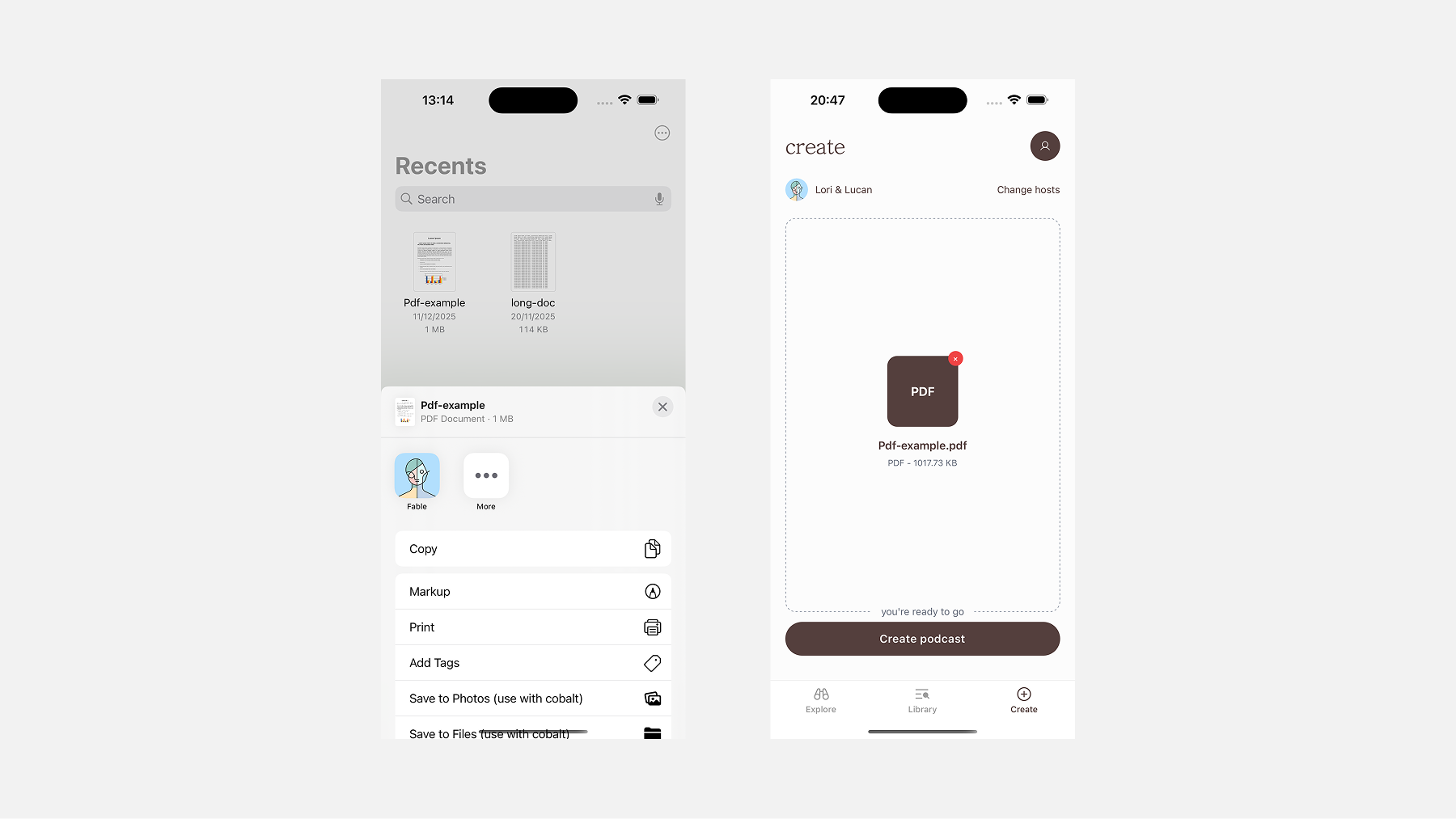 Share to Fable flow: share sheet and pre-loaded create screen