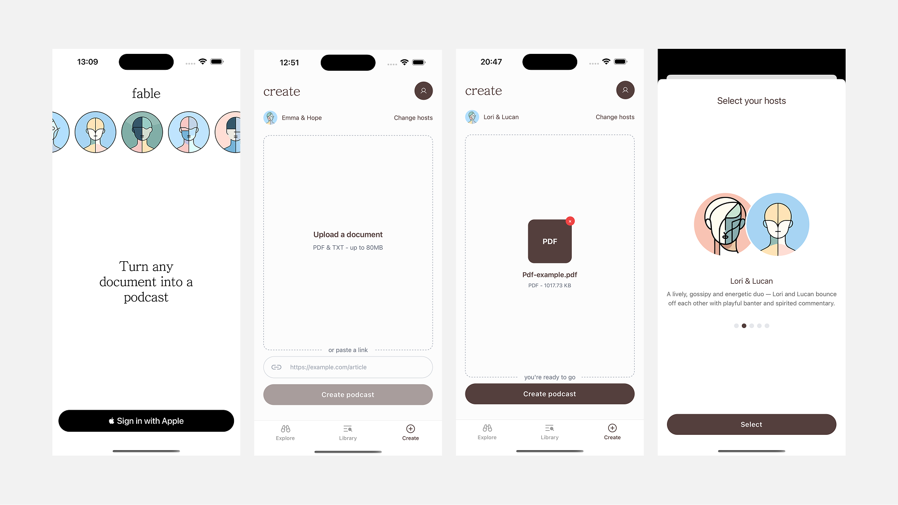 Fable screens showing sign in, create screen, and host selection